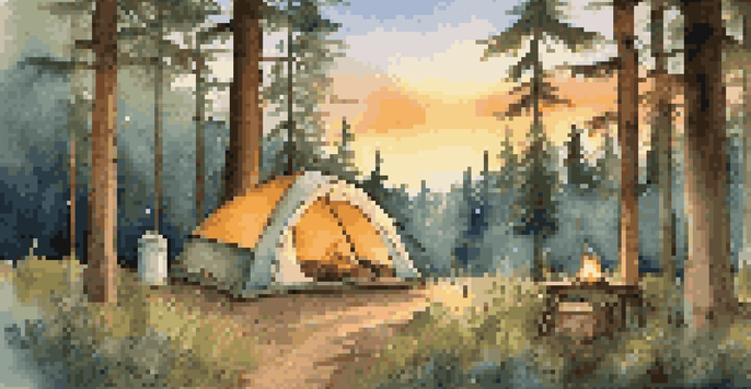 A peaceful camping scene at sunset with a recycled tent, trees, wildflowers, and a small campfire, showcasing eco-friendly camping elements.