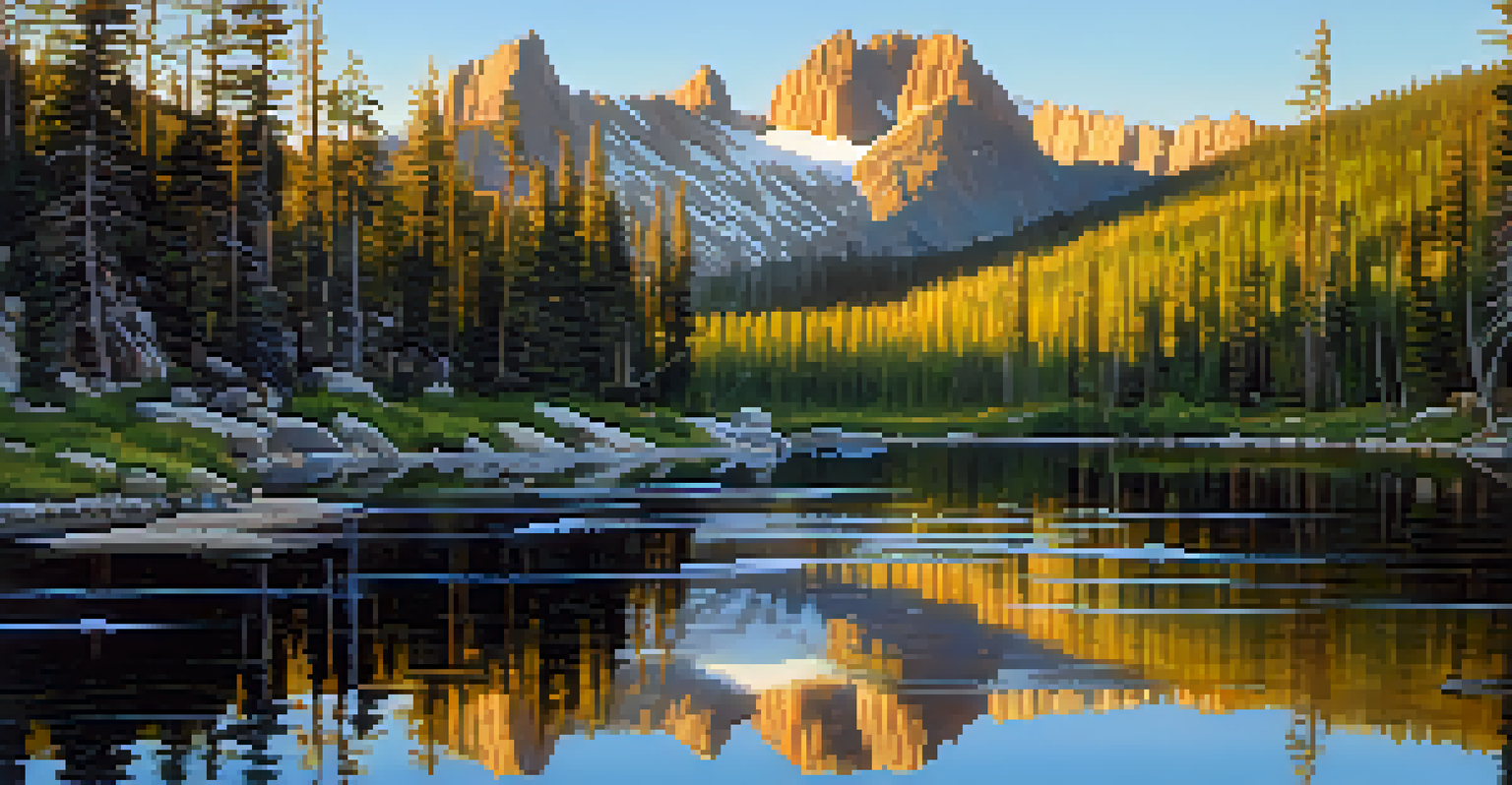 A tranquil view of Bear Lake in Rocky Mountain National Park, with mirrored peaks and colorful wildflowers along the shore.