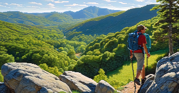 A hiker on a rocky trail with a well-organized backpack, overlooking a green valley under a blue sky.