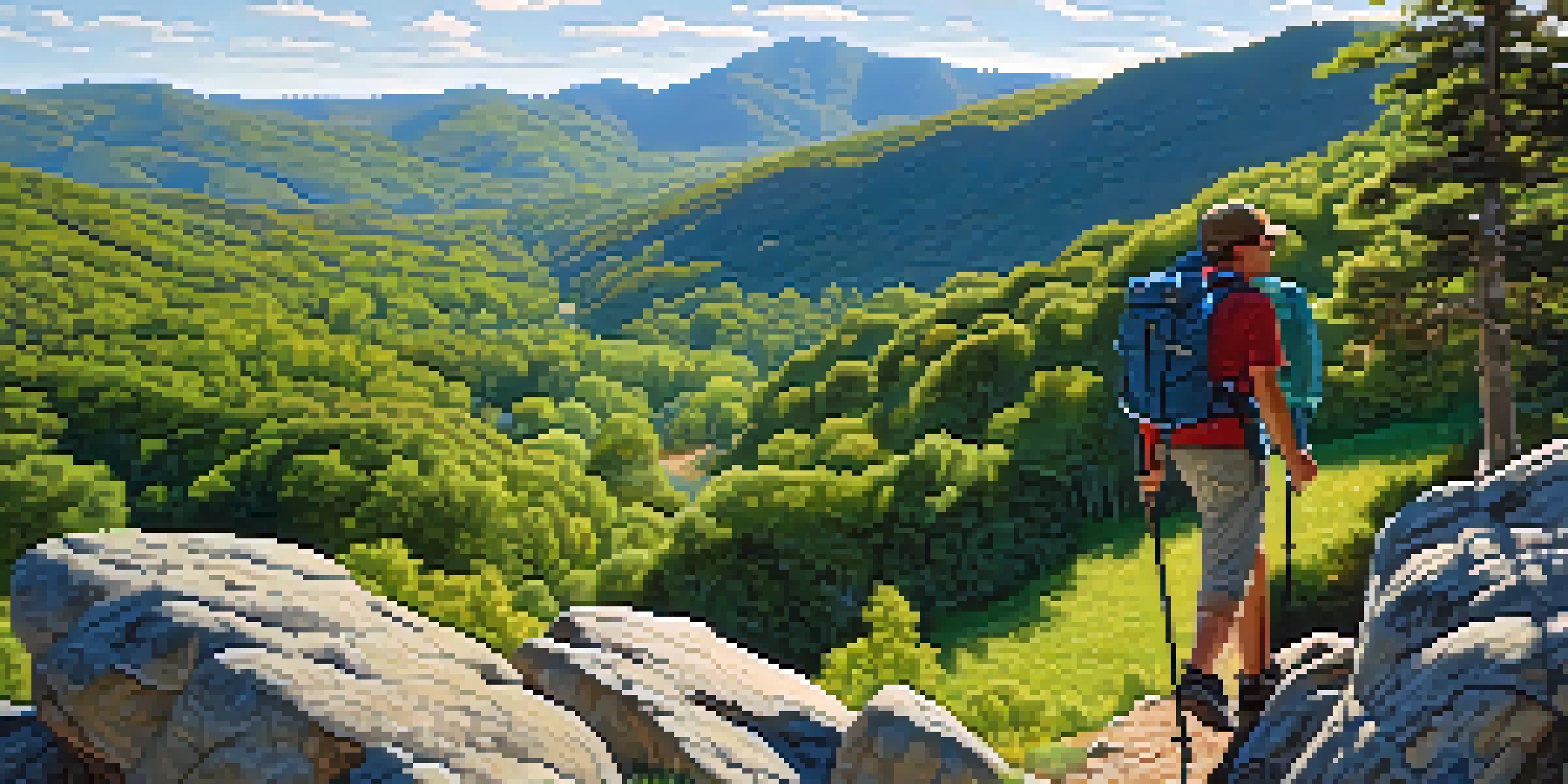 A hiker on a rocky trail with a well-organized backpack, overlooking a green valley under a blue sky.