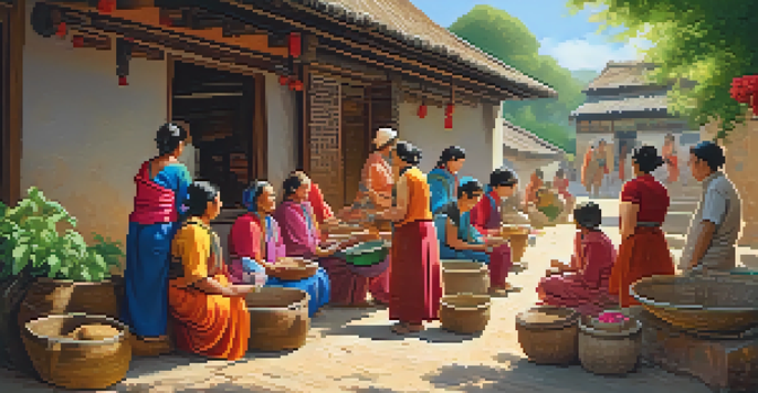 Travelers interacting with local artisans in a sunlit village, showcasing traditional crafts amidst a colorful backdrop of handmade goods and greenery.