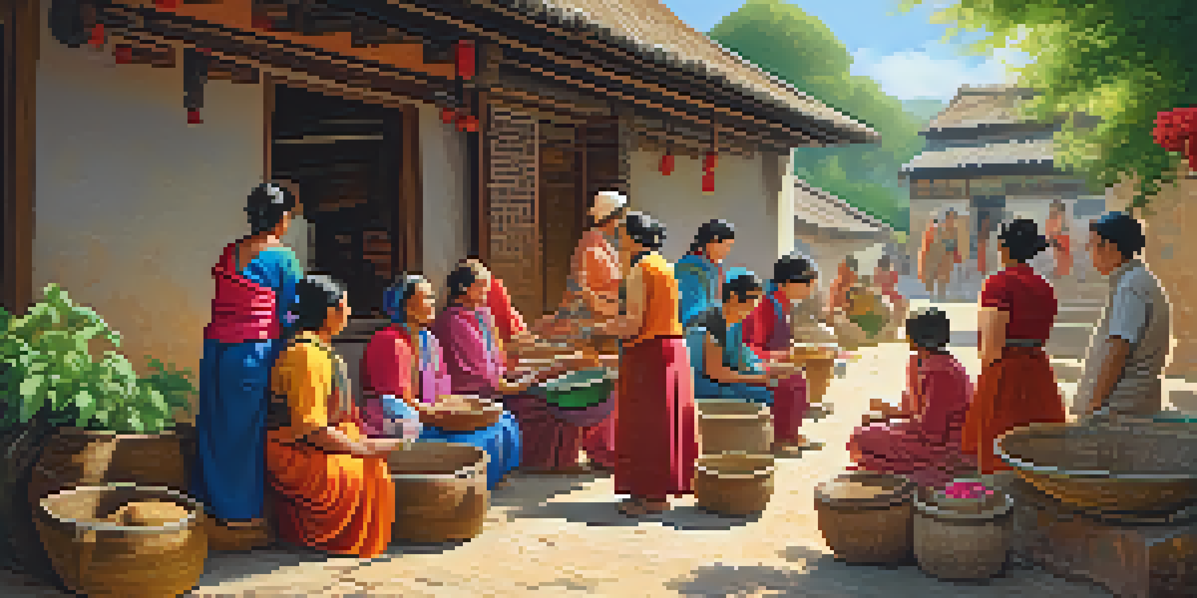 Travelers interacting with local artisans in a sunlit village, showcasing traditional crafts amidst a colorful backdrop of handmade goods and greenery.