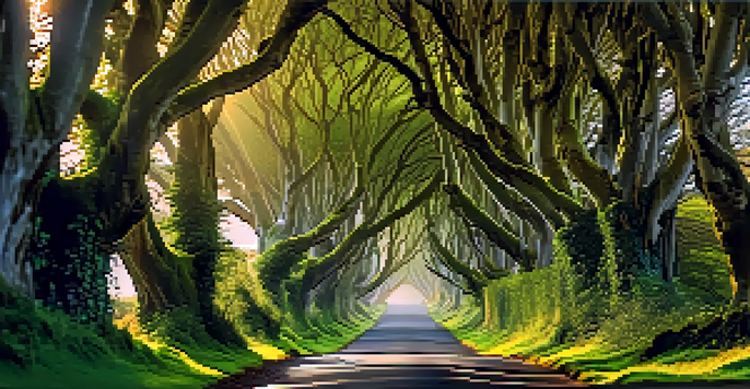 A mystical tunnel of trees at the Dark Hedges in Northern Ireland, with sunlight filtering through the leaves, creating a serene atmosphere.