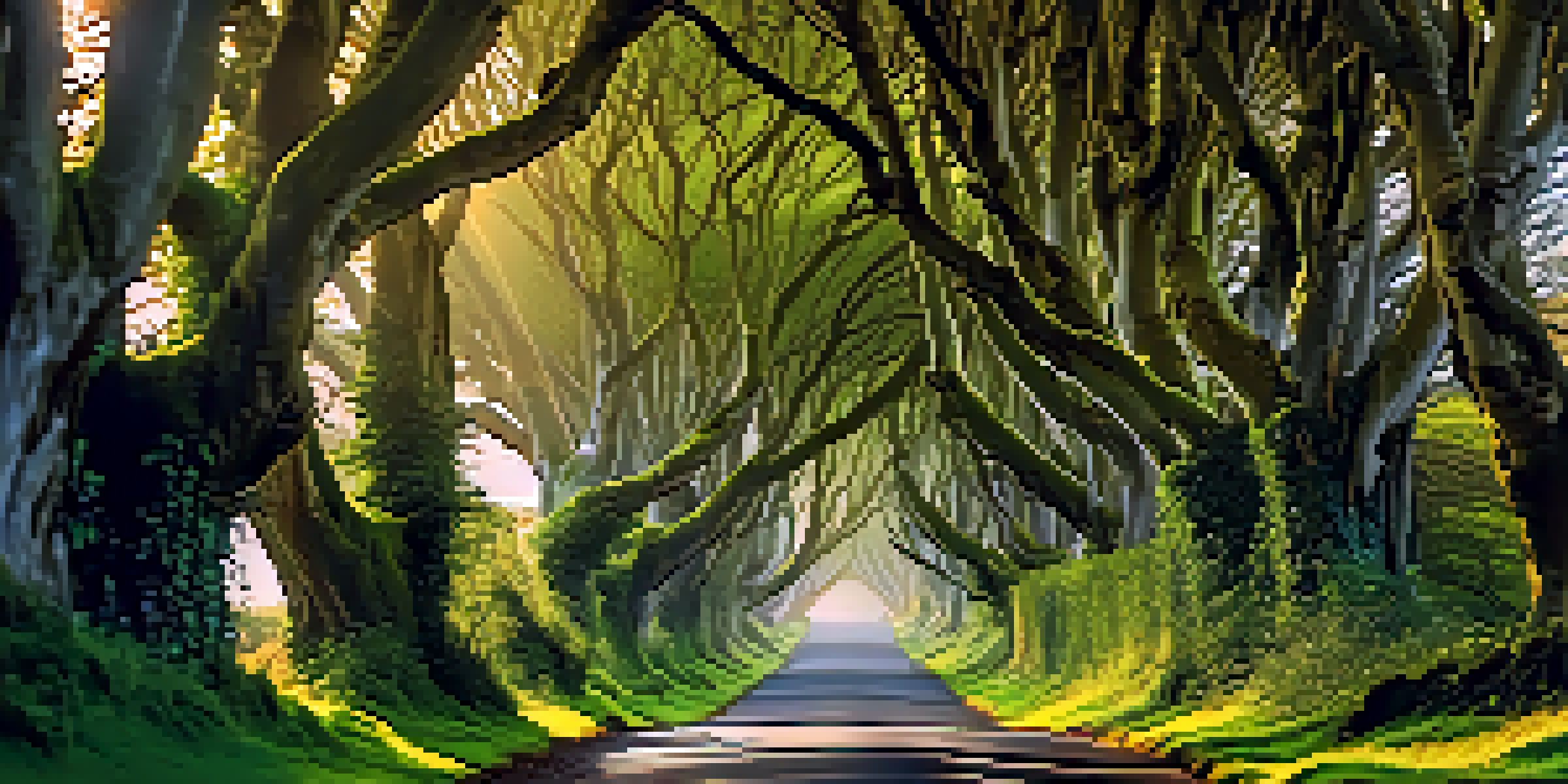 A mystical tunnel of trees at the Dark Hedges in Northern Ireland, with sunlight filtering through the leaves, creating a serene atmosphere.