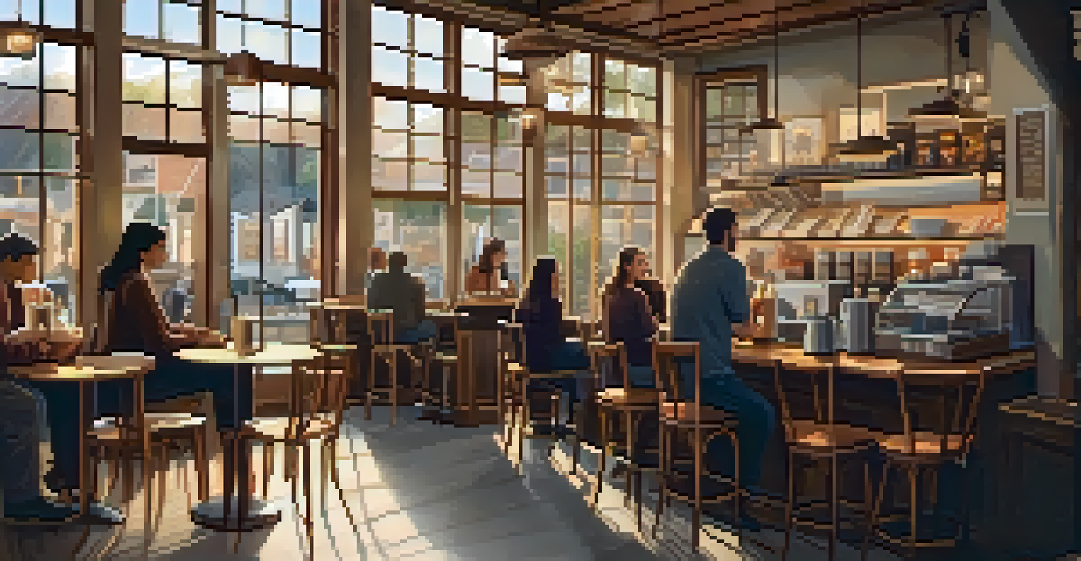 A warm and inviting coffee shop with wooden tables, barista serving coffee, and customers working on laptops.