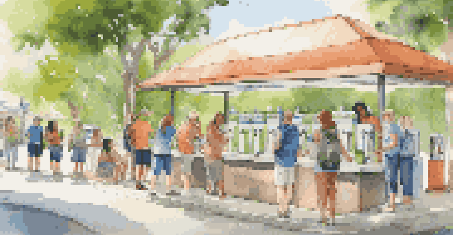 Travelers at an outdoor refill station filling reusable water bottles, surrounded by greenery and promoting eco-friendly hydration.