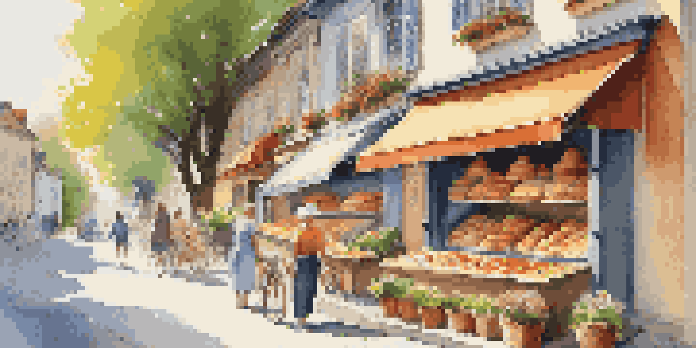 A local guide pointing to a bakery while leading a group of travelers on a charming street filled with flowers and sunlight.