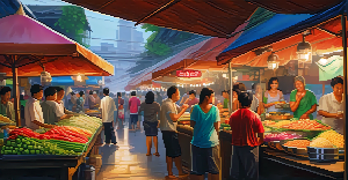 A busy street food market in Thailand with colorful stalls and people enjoying various dishes.