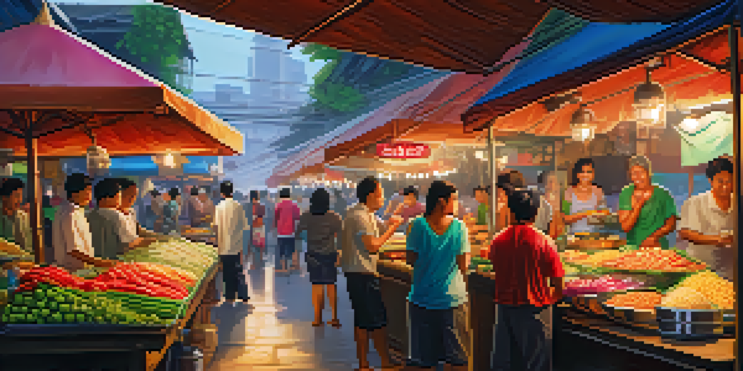 A busy street food market in Thailand with colorful stalls and people enjoying various dishes.