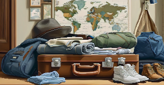 An organized travel packing scene with a suitcase filled with clothes, toiletries, and hiking boots, set against a warm room with travel decor.