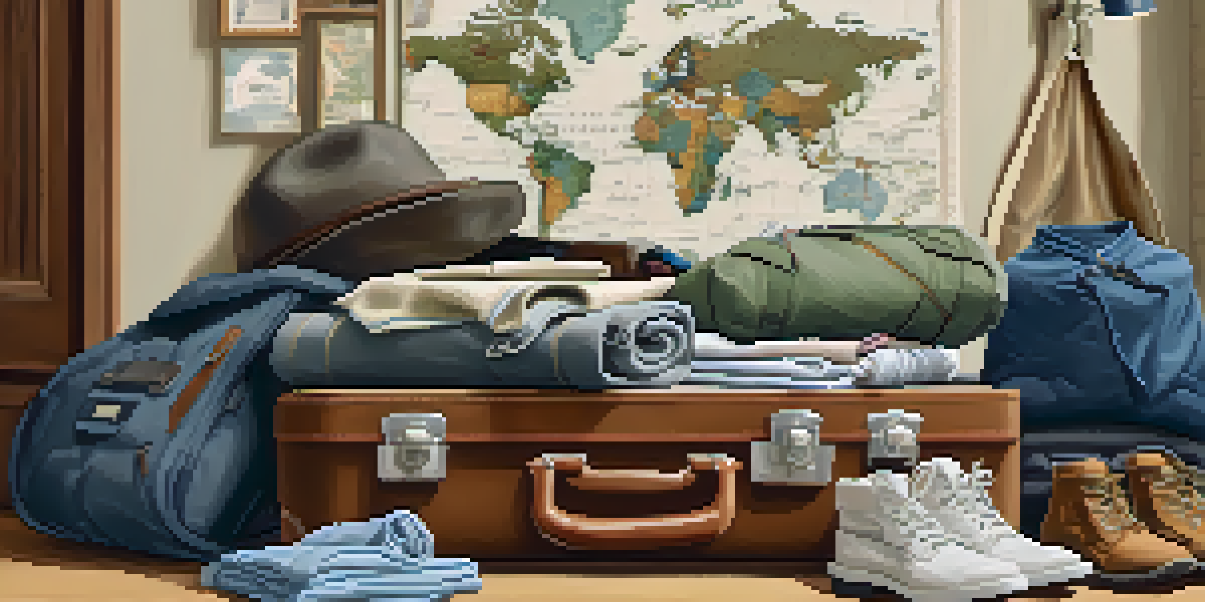 An organized travel packing scene with a suitcase filled with clothes, toiletries, and hiking boots, set against a warm room with travel decor.