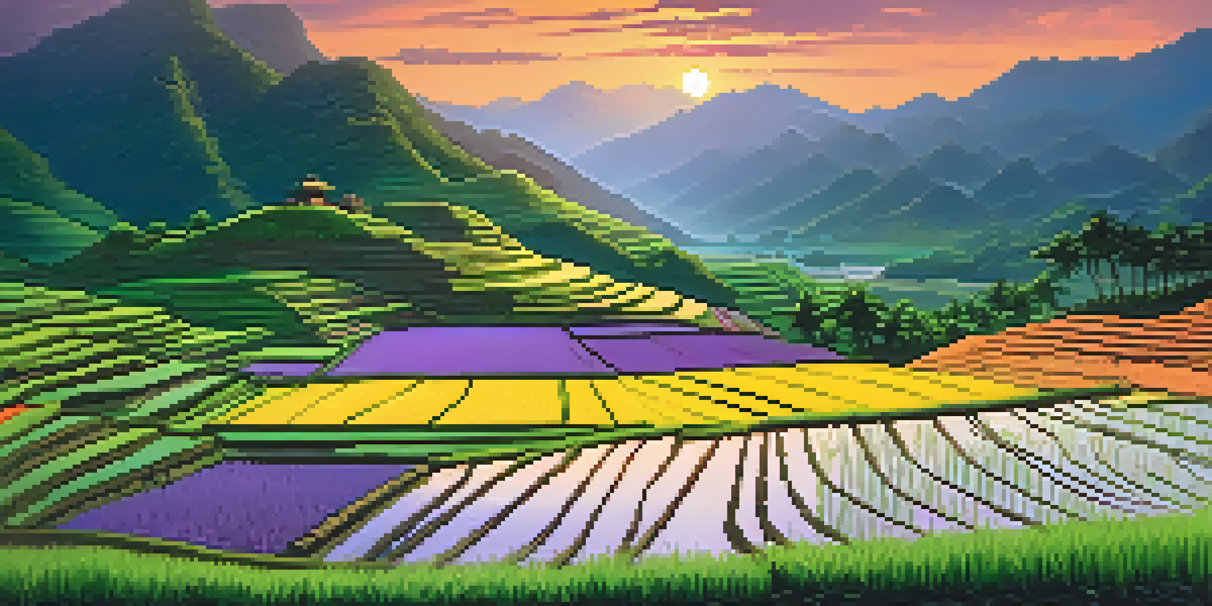 A terraced rice field at sunset with vibrant colors reflecting on water, surrounded by mountains and lush green plants.