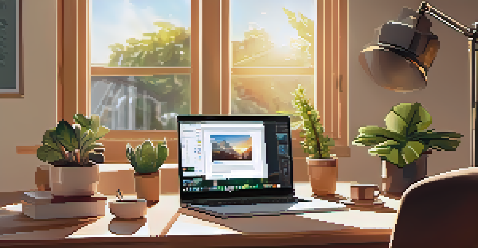 A warm and inviting home office with a laptop, plants, and a motivational quote on the wall.