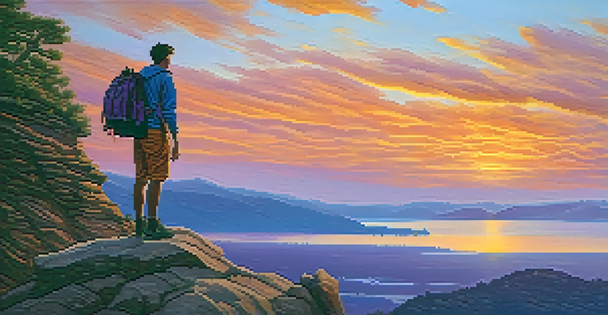 A traveler on a cliff during sunset, with a colorful sky and calm waters below.