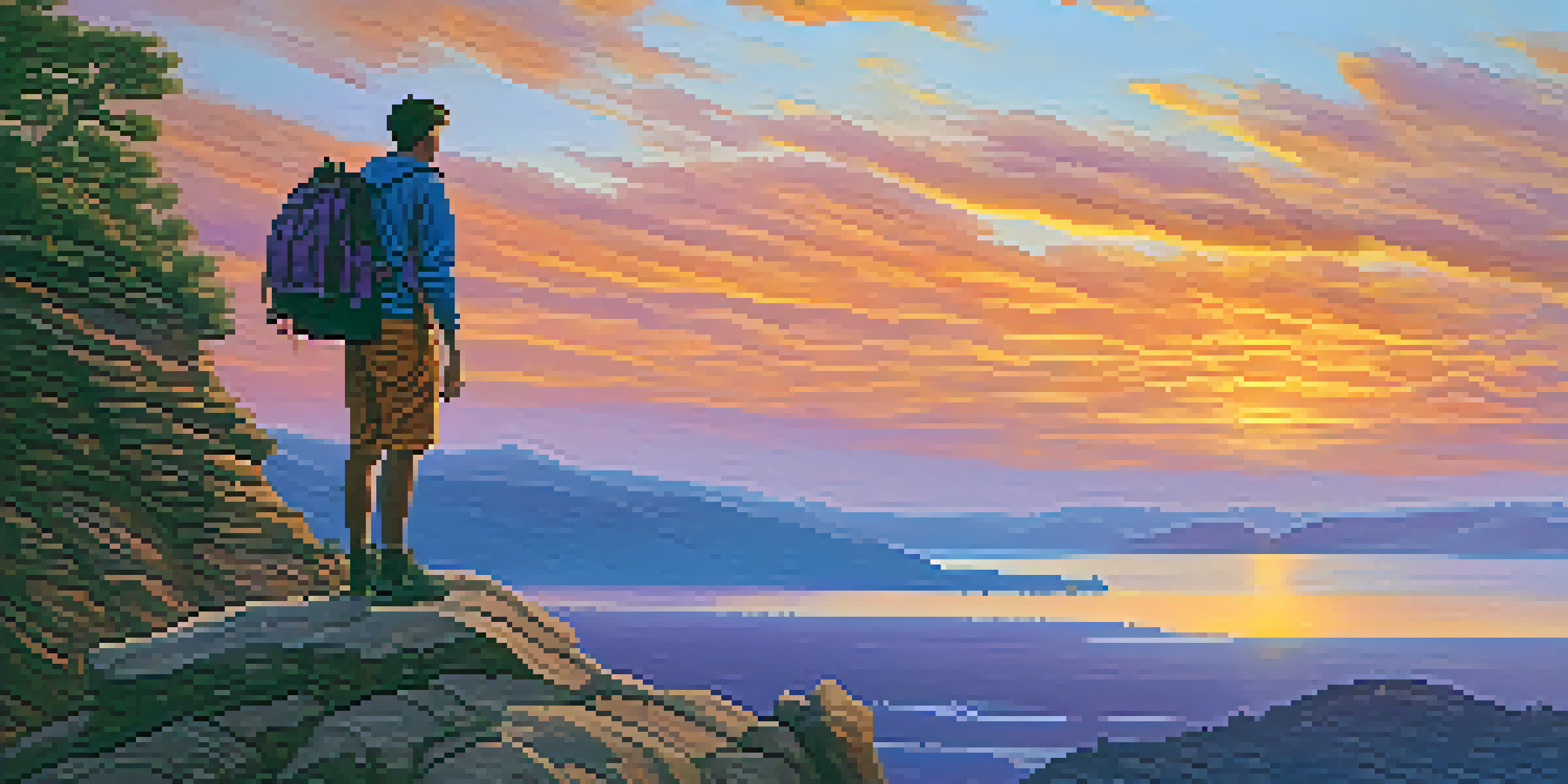 A traveler on a cliff during sunset, with a colorful sky and calm waters below.