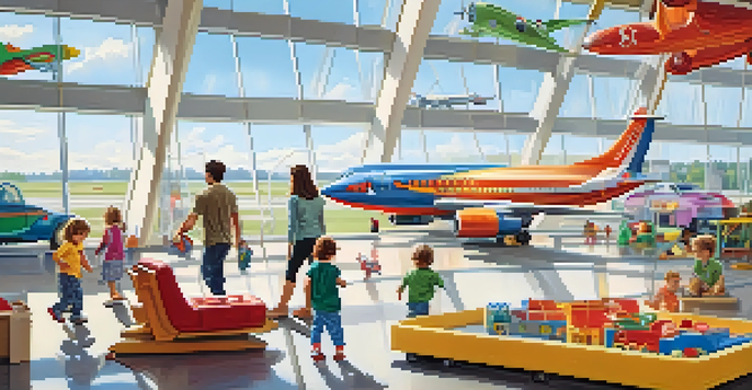 A family with two children playing in a colorful airport play area, with large windows showing airplanes outside.