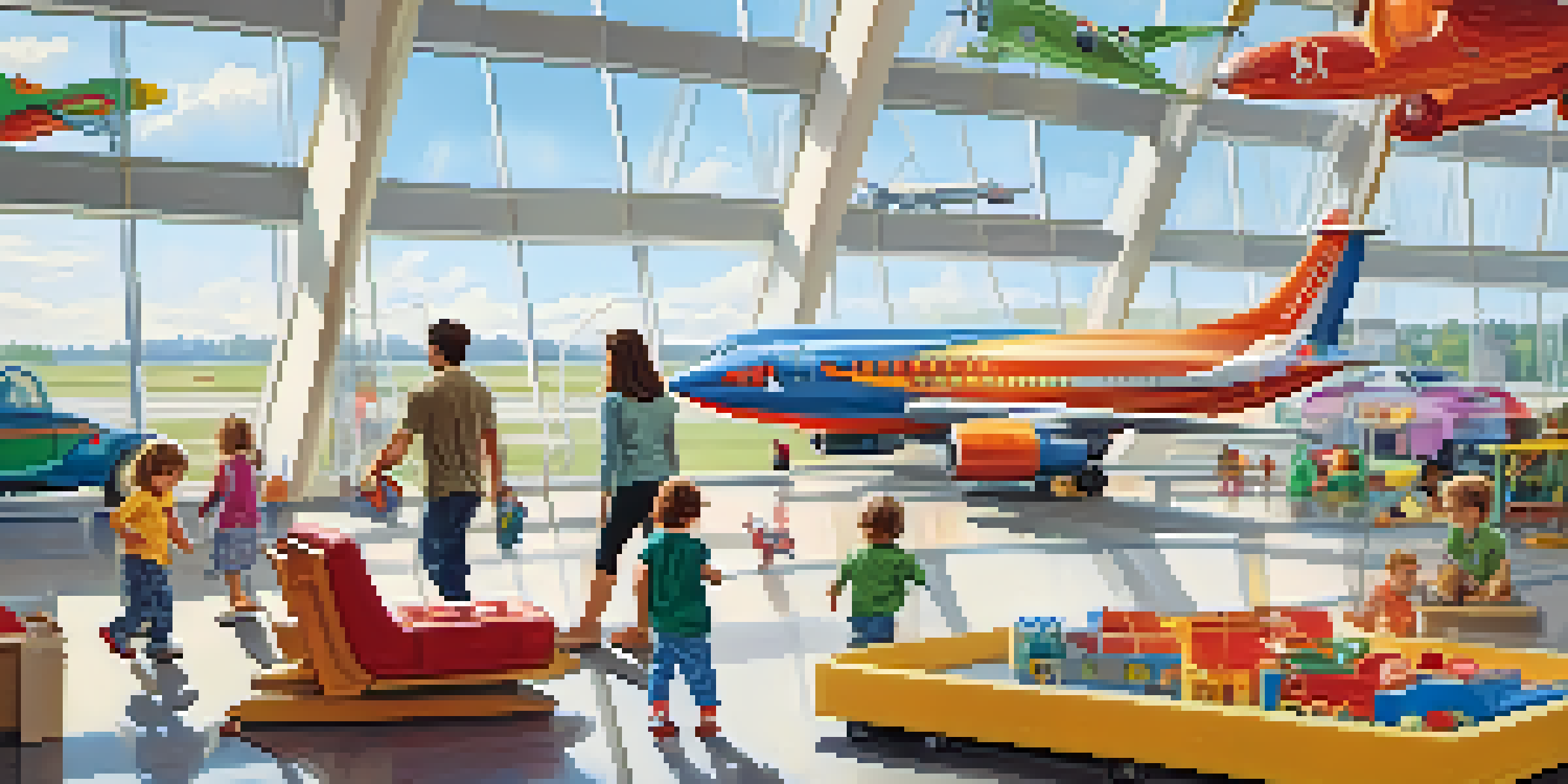 A family with two children playing in a colorful airport play area, with large windows showing airplanes outside.