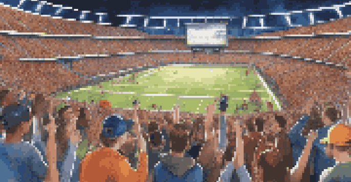 A crowded sports arena with fans cheering, colorful team banners, and a bright scoreboard. Friends are celebrating together in the foreground.