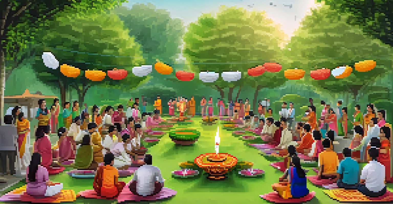 Families celebrating an eco-friendly Diwali, with biodegradable decorations and plant-based lamps in a garden setting, engaging in tree planting.