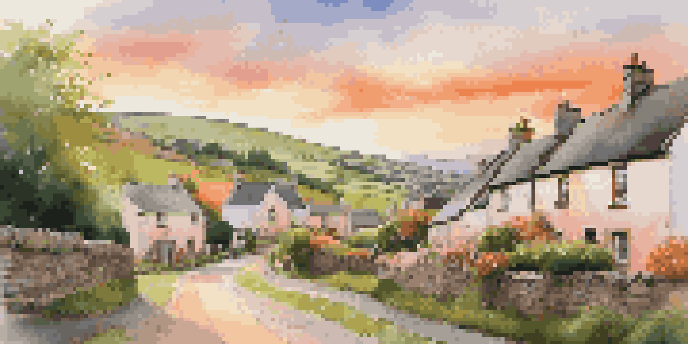 A picturesque Irish village at sunset featuring stone cottages, blooming flowers, and rolling hills in the background.