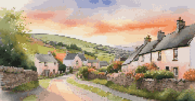 A picturesque Irish village at sunset featuring stone cottages, blooming flowers, and rolling hills in the background.