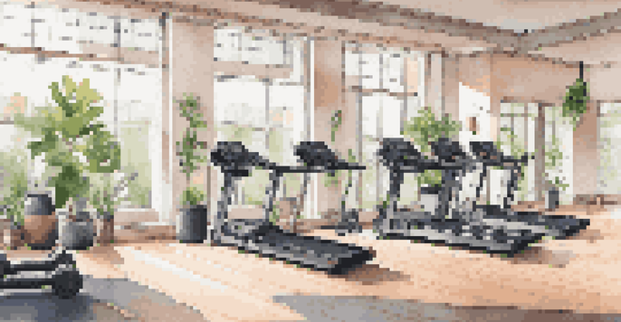 A modern hotel gym filled with natural light, featuring a person using resistance bands for exercise amidst fitness equipment and motivational decor.