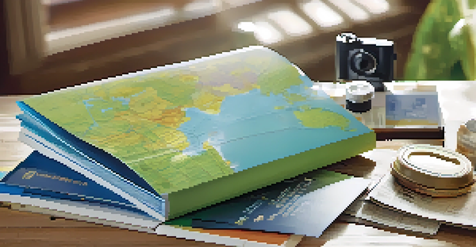 A close-up view of a travel rewards program brochure with travel essentials like a passport and a camera, illuminated by soft morning light.