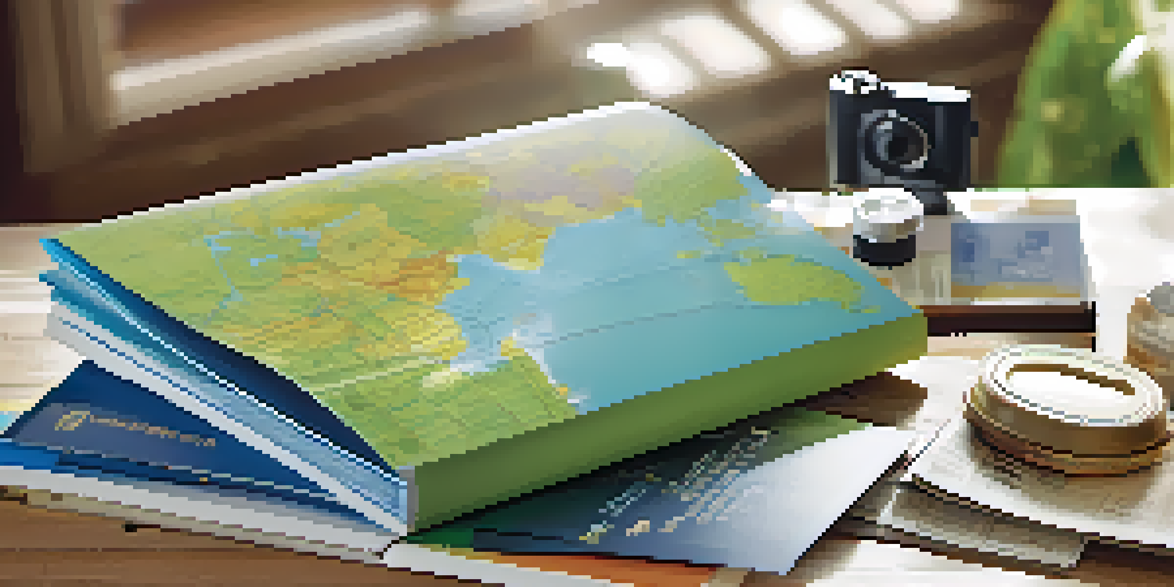 A close-up view of a travel rewards program brochure with travel essentials like a passport and a camera, illuminated by soft morning light.