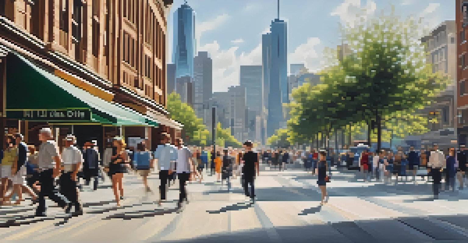 A city street filled with people moving quickly, with a blurred background of buildings and bright sunlight.