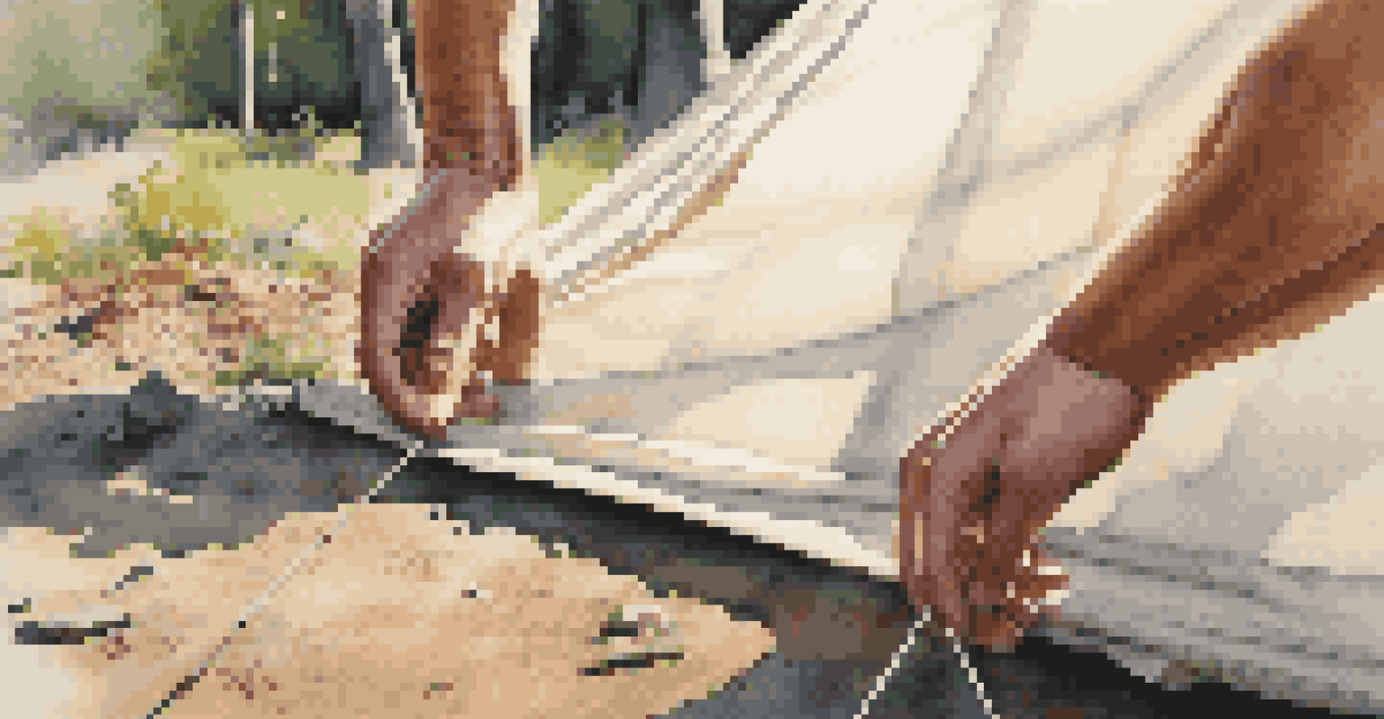 Hands putting together tent poles with a laid-out tent body on a ground tarp, illuminated by sunlight and surrounded by nature.