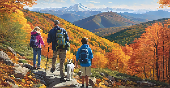 A family hiking on a mountain trail surrounded by autumn leaves.