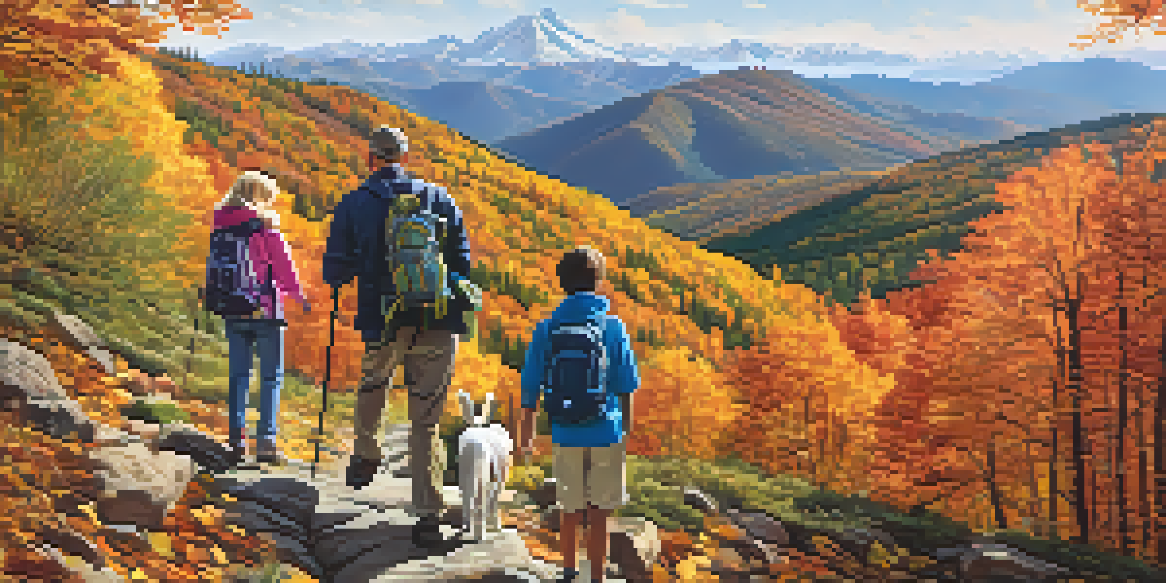 A family hiking on a mountain trail surrounded by autumn leaves.