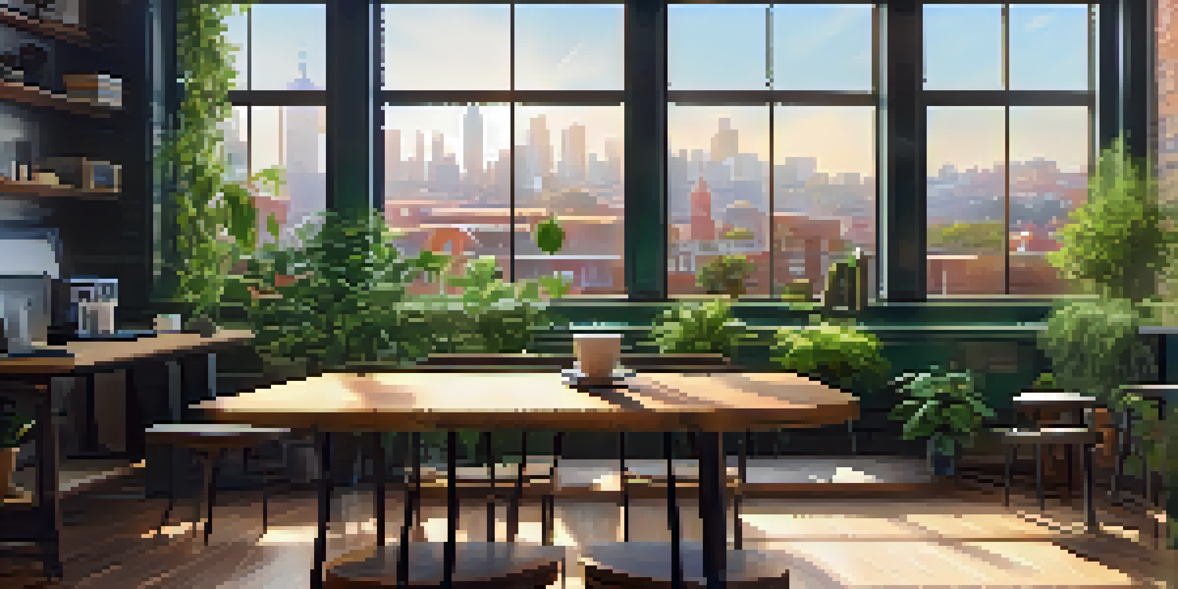 A cozy café workspace with a laptop and a cup of coffee, illuminated by sunlight coming through a large window, overlooking a cityscape.