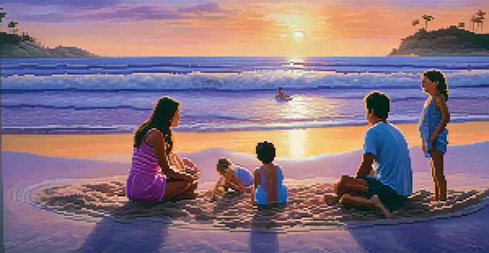A family of four playing on the beach at sunset, building a sandcastle together.