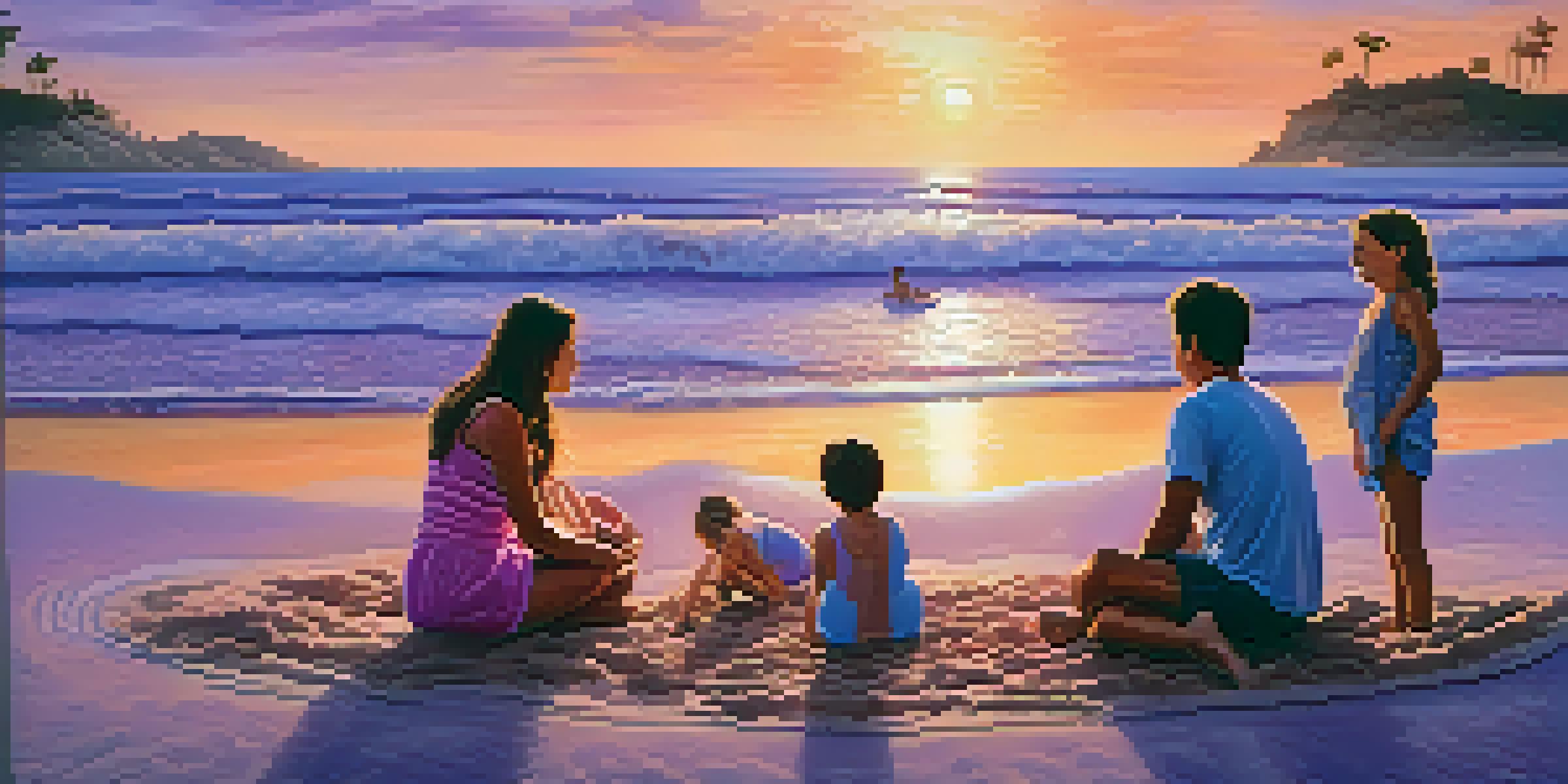 A family of four playing on the beach at sunset, building a sandcastle together.