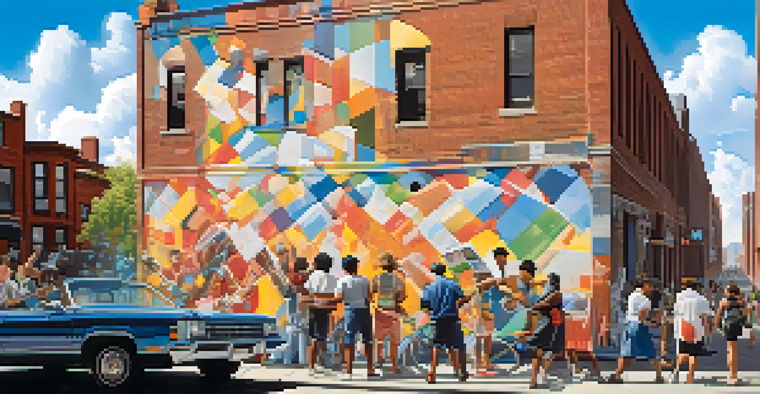 Artists of various backgrounds creating a large mural on a brick wall in a lively street scene.