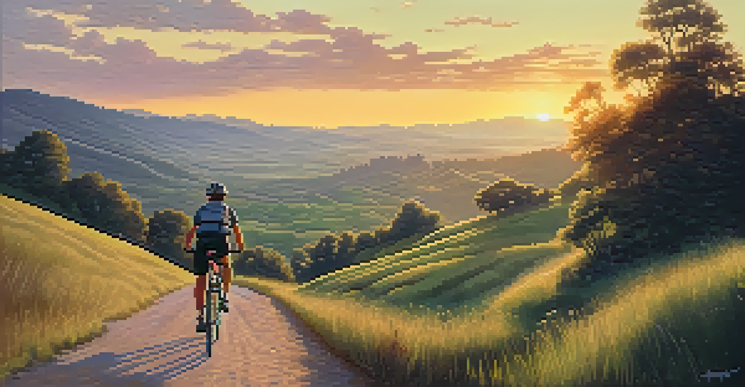 A traveler biking through a picturesque landscape of greenery and hills during sunset, symbolizing adventure and exploration.