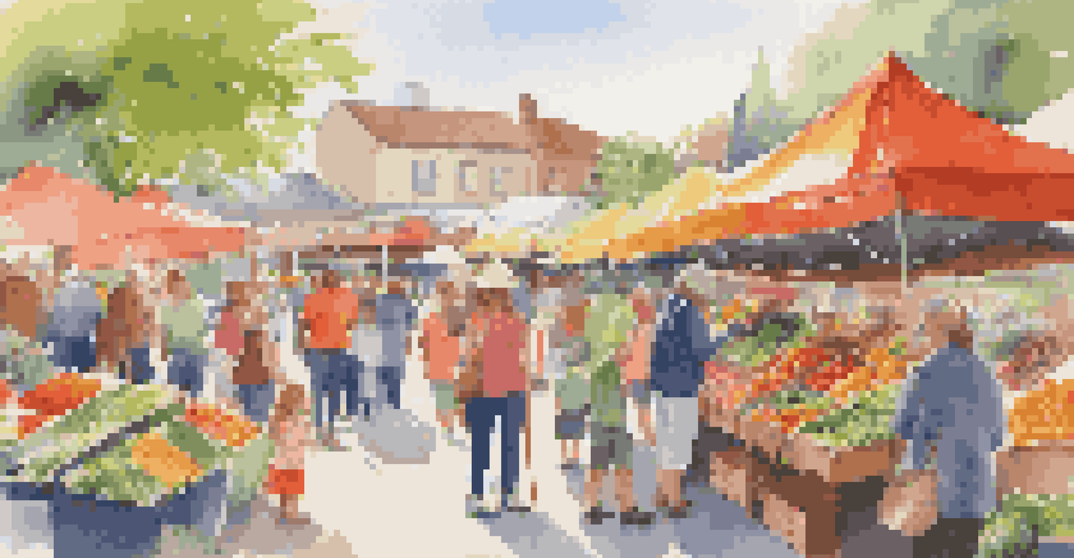 Families at a colorful farmers' market, exploring stalls filled with fresh fruits and vegetables, creating a lively and cheerful atmosphere.