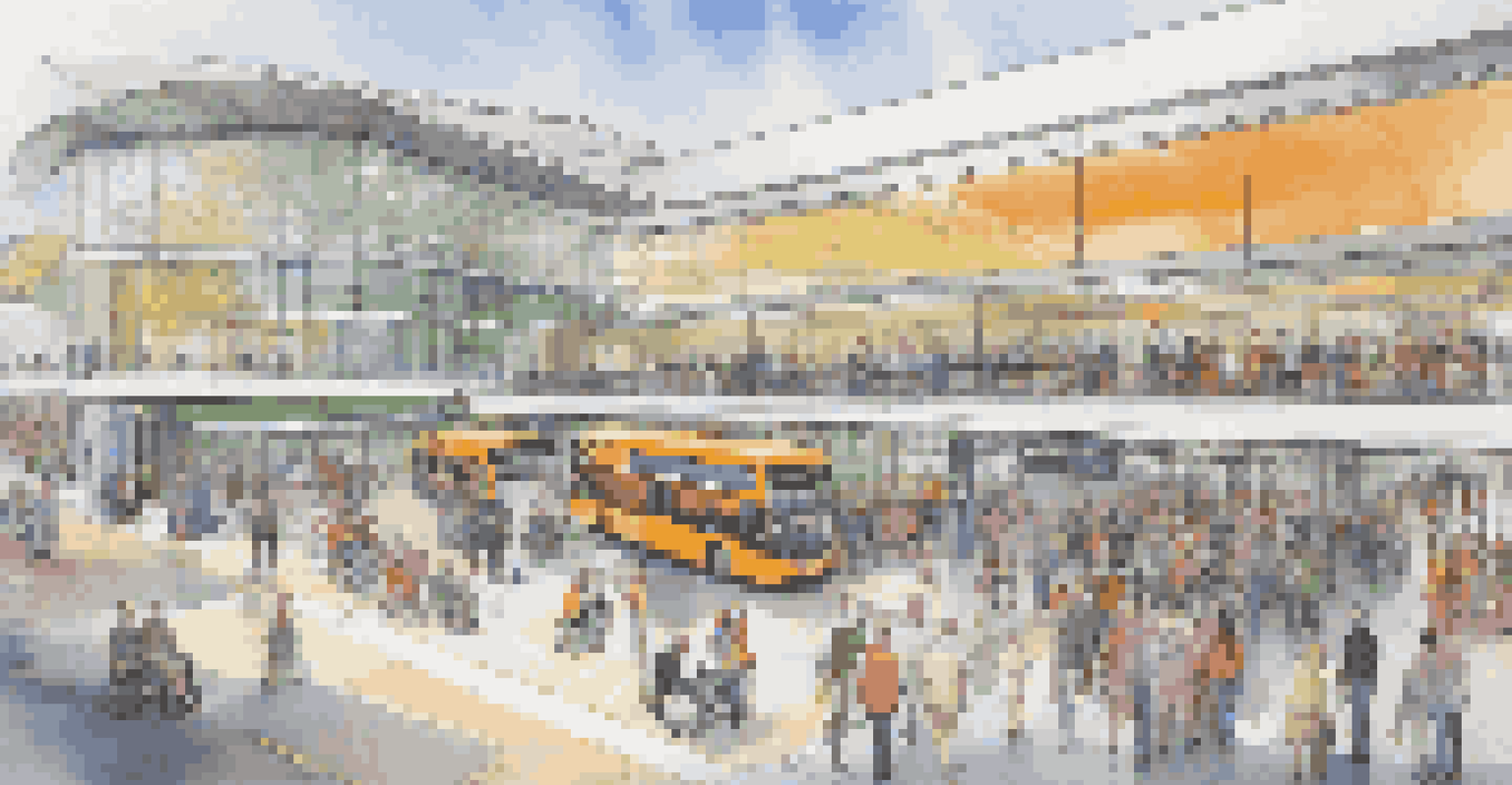 A busy transportation hub with accessible buses and signage, illustrating a welcoming environment for travelers with disabilities.