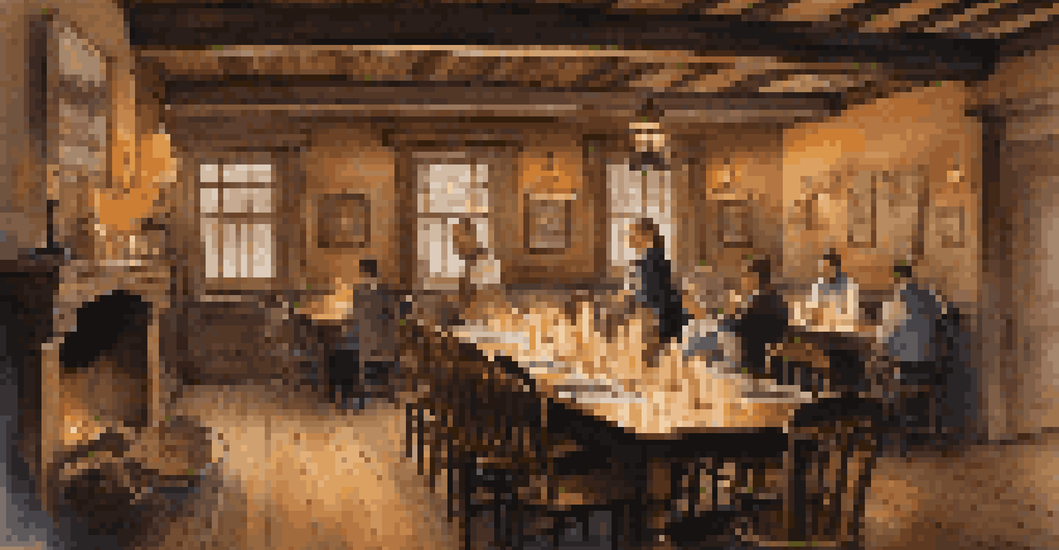 The interior of the King's Arms Tavern with rustic wooden tables and candlelight, featuring waitstaff in period attire.
