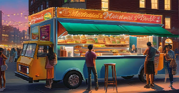 A lively food truck with a colorful menu in a busy city, customers waiting in line under fairy lights during sunset.