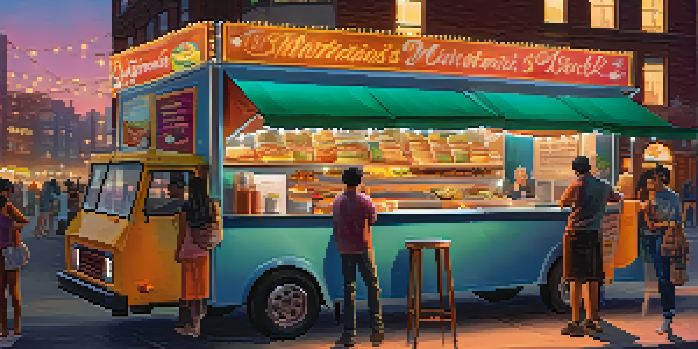 A lively food truck with a colorful menu in a busy city, customers waiting in line under fairy lights during sunset.