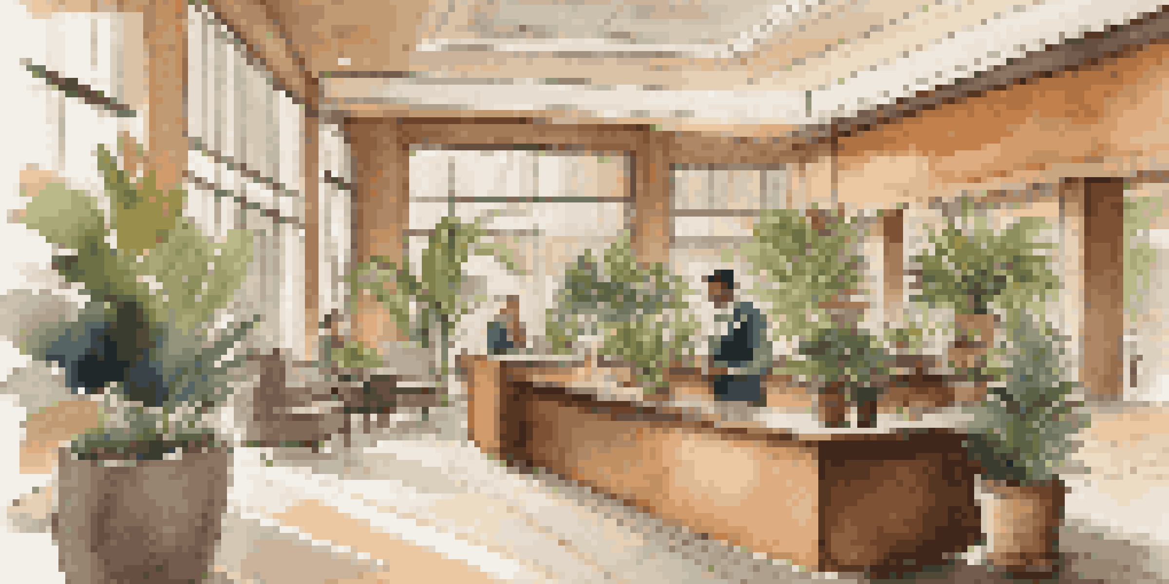 A modern hotel lobby with bright natural light, potted plants, and a friendly receptionist at the desk.