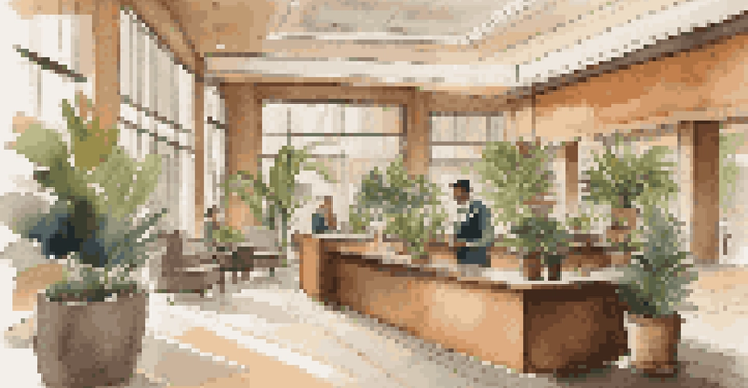 A modern hotel lobby with bright natural light, potted plants, and a friendly receptionist at the desk.
