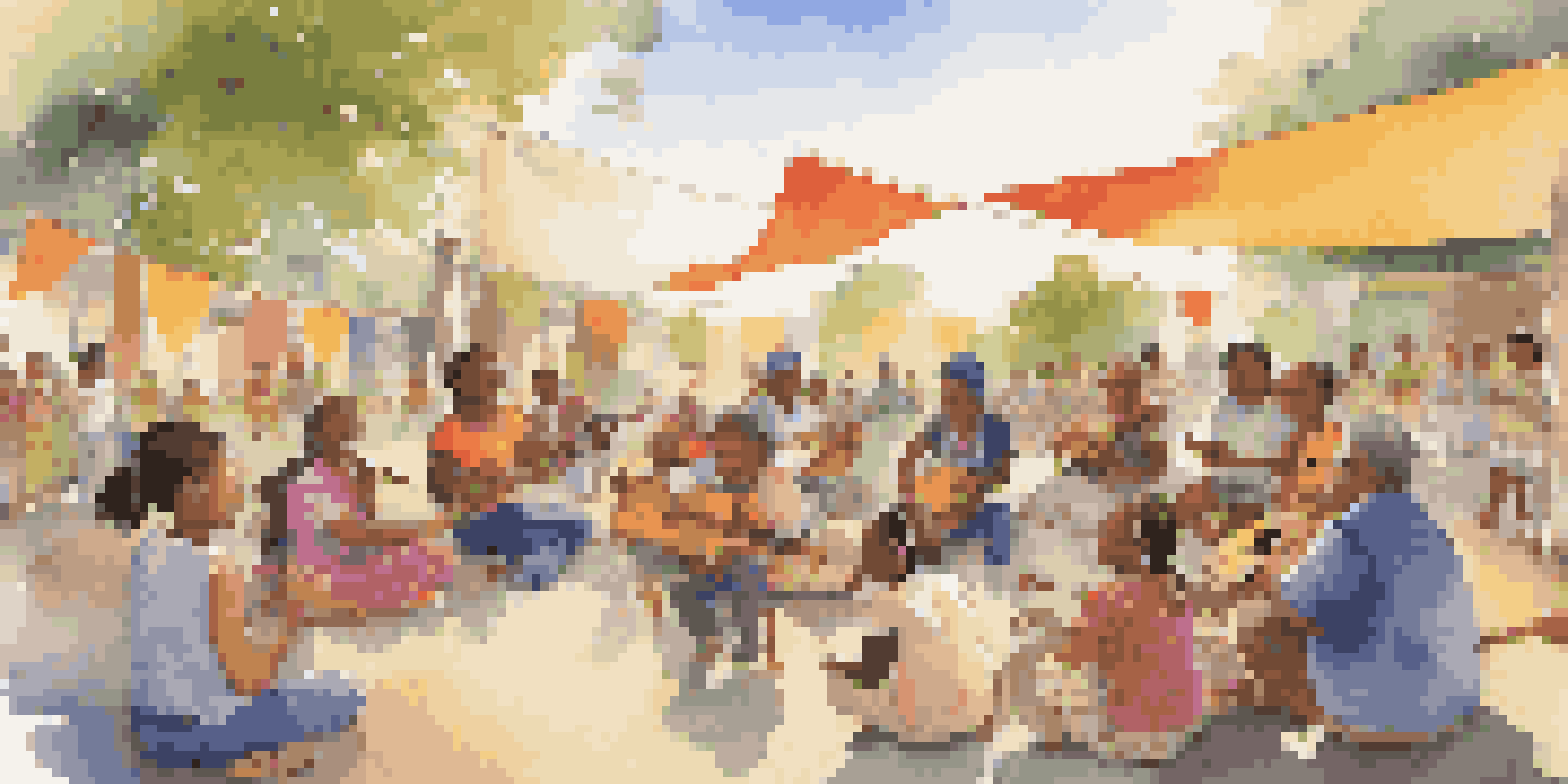 A diverse group of people participating in an outdoor music workshop, playing instruments and smiling in a warm sunset light.
