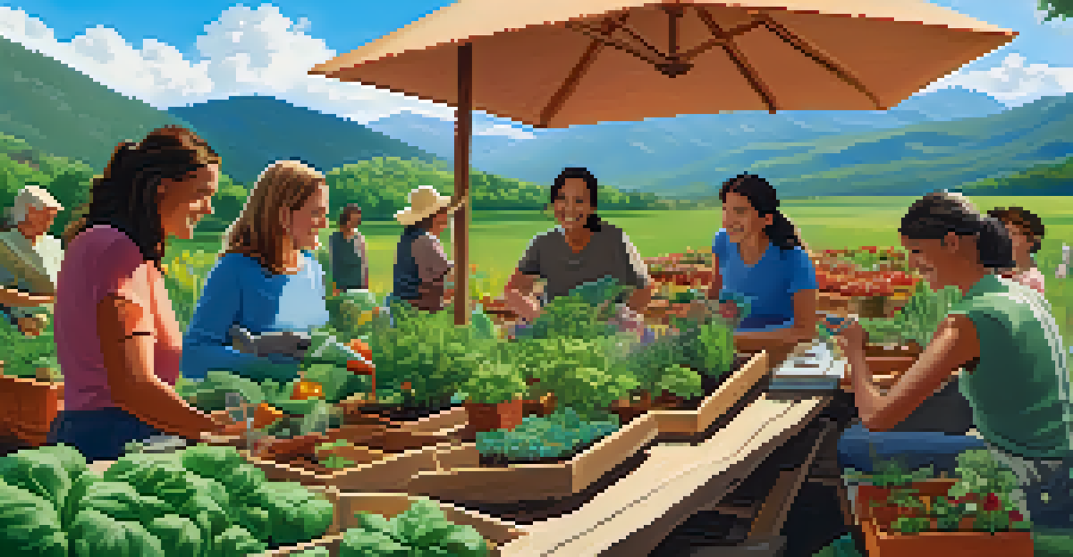 Travelers learning about organic gardening at a lodge, surrounded by vibrant plants and vegetables.
