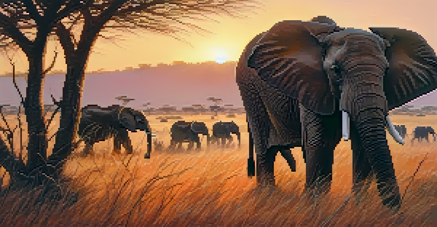 A volunteer observing elephants during a safari in a South African game reserve at sunset.