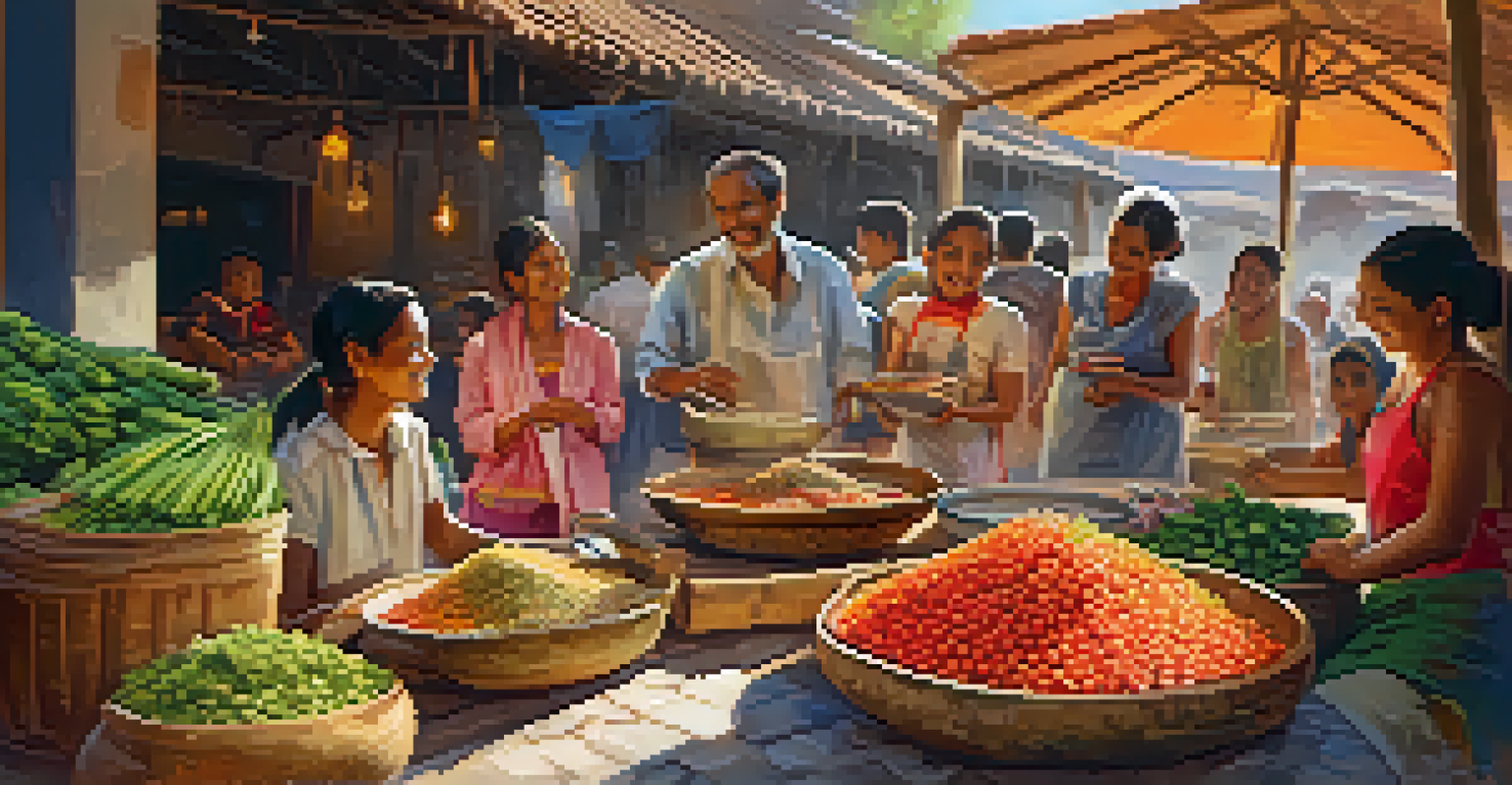 Two families cooking together in an outdoor market, surrounded by colorful produce and spices, sharing laughter.