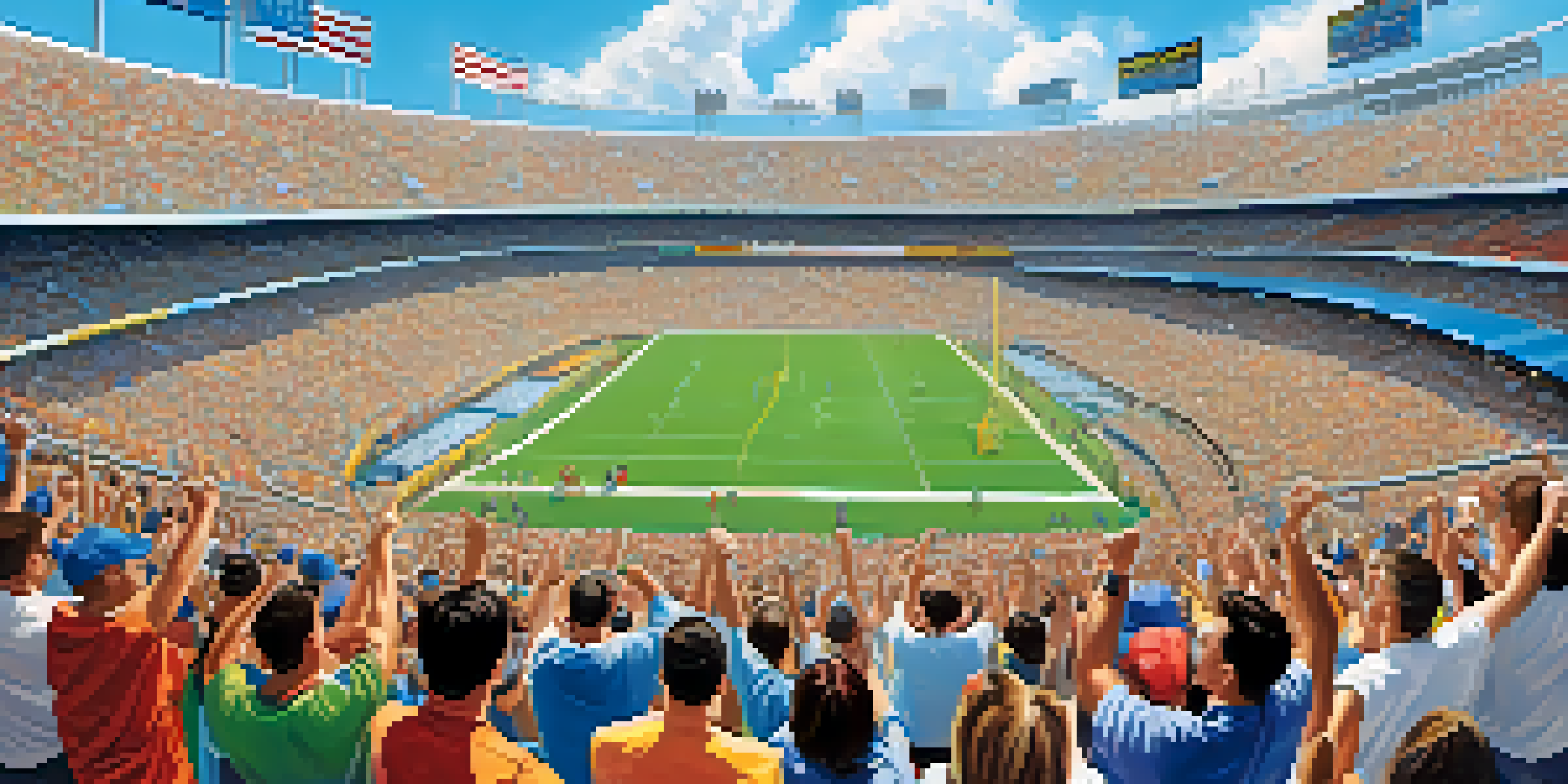 A lively sports stadium packed with enthusiastic fans, colorful decorations, and a bright sky, capturing the thrill of a live sports event.
