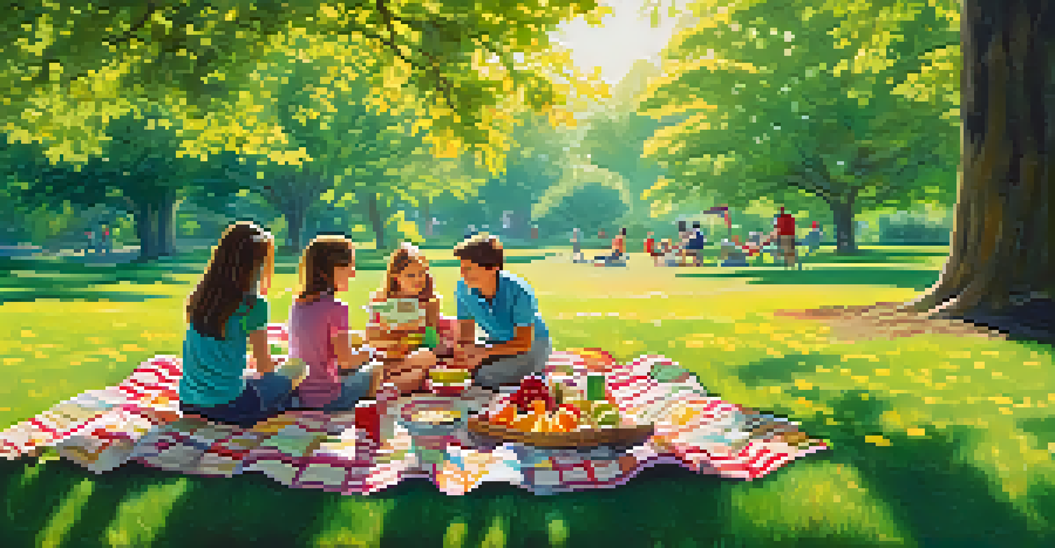 A family having a picnic in a park, surrounded by nature and enjoying outdoor activities.